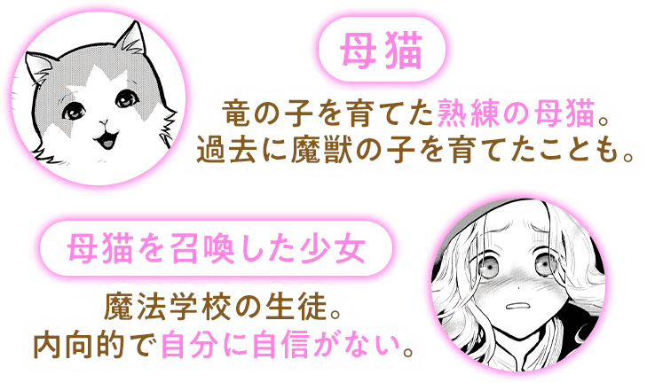 母猫:竜の子を育てた熟練の母猫。過去に魔獣の子を育てたことも。/母猫を召喚した少女:魔法学校の生徒。内向的で自分に自信がない。