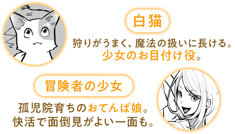 白猫：狩りがうまく、魔法の扱いに長ける。少女のお目付け役。/冒険者の少女：孤児院育ちのおてんば娘。快活で面倒見がよい一面も。